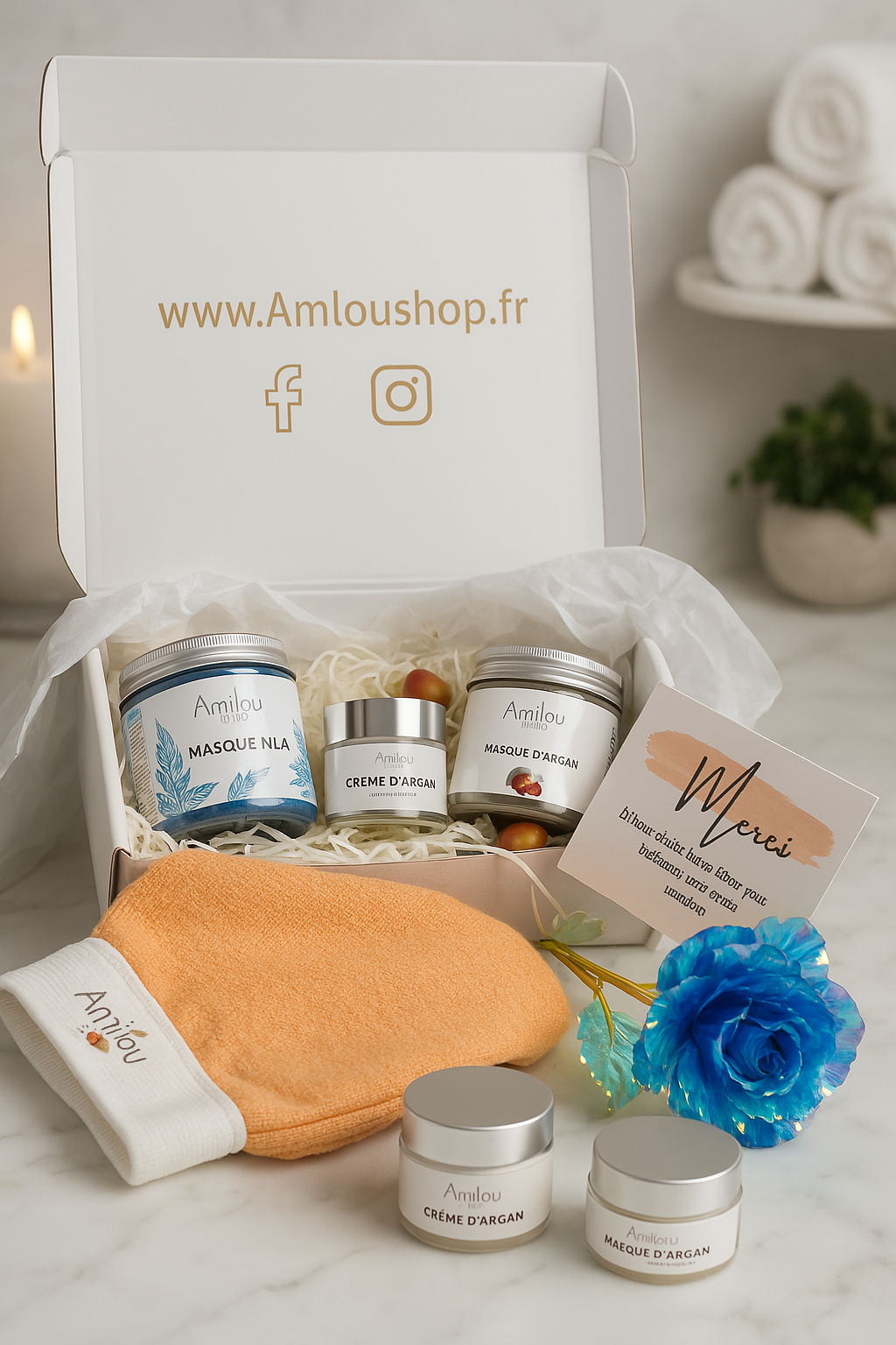Coffret Nila avec masque Nila, masque à l’argile, crème à l’huile d’argan et gant exfoliant Kessa
