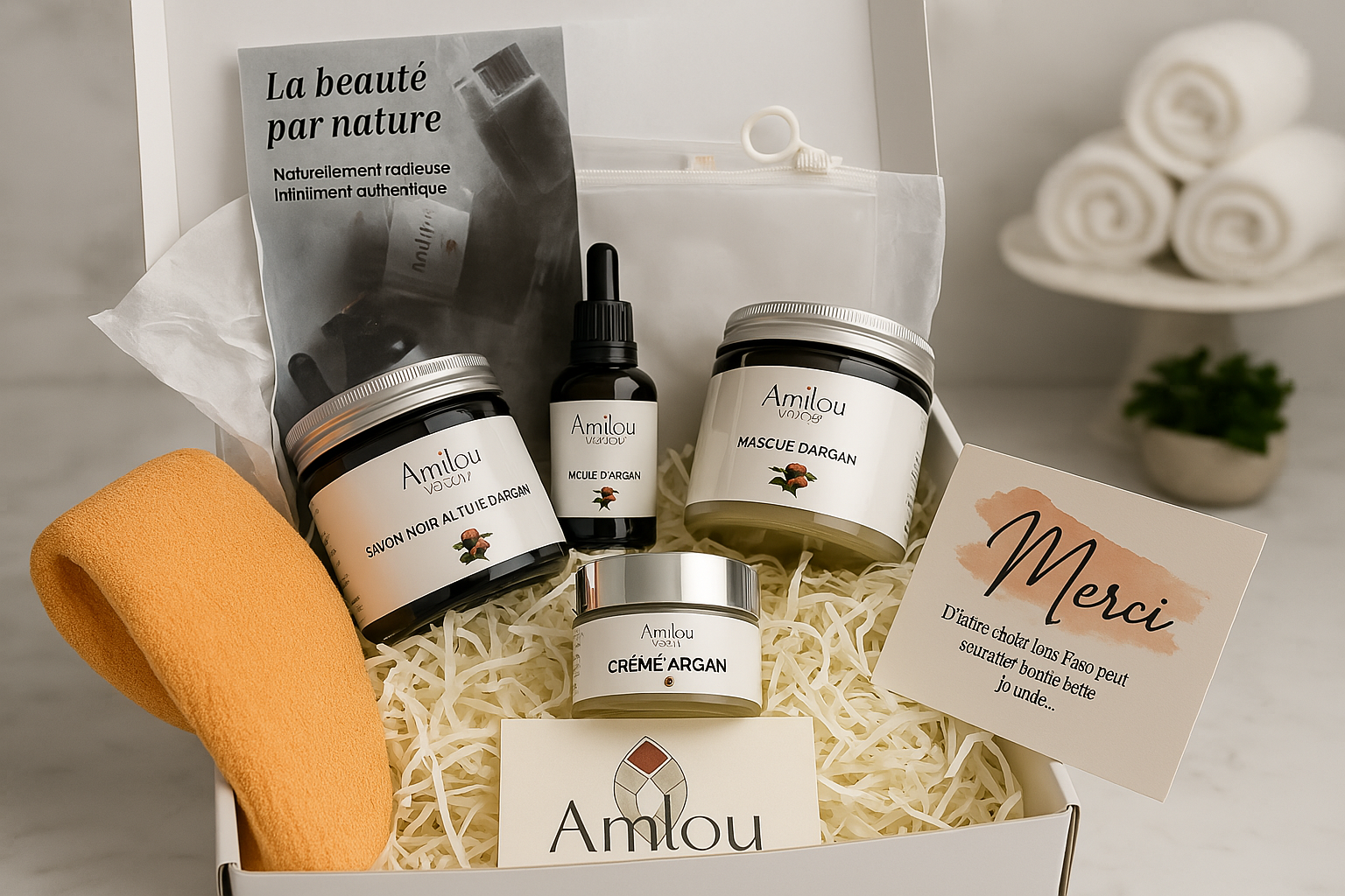 Coffret cosmétique à l’argan avec savon noir, argile, huile d’argan bio et crème visage